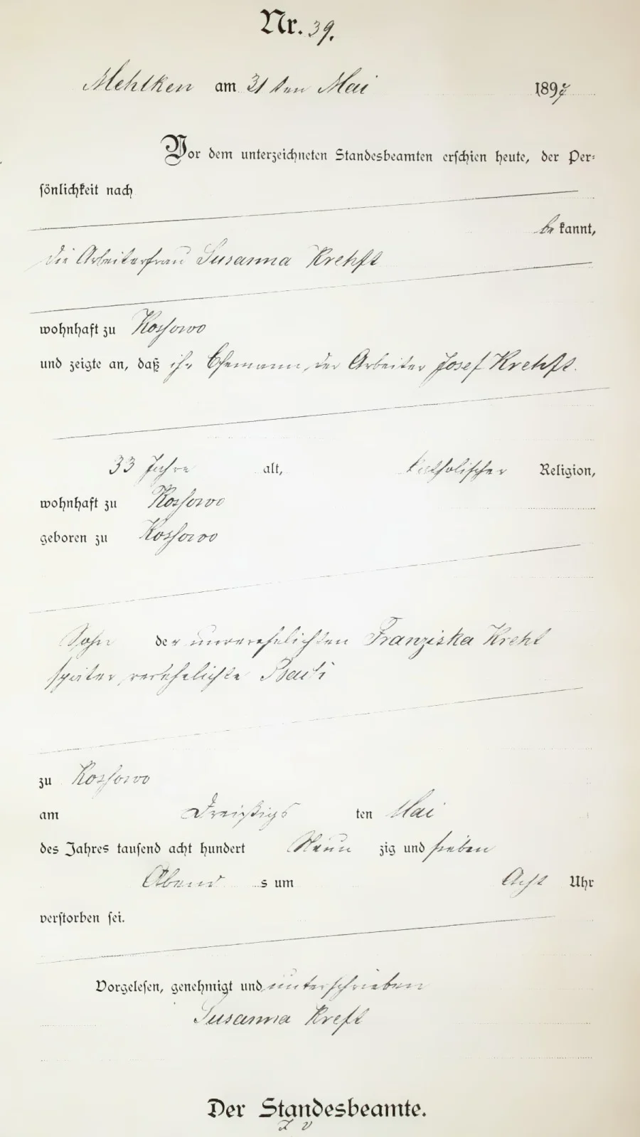 Akt zgonu, Urząd Stanu Cywilnego Seefeld (Przodkowo), 1897, nr 39 (Archiwum Państwowe w Gdańsku)