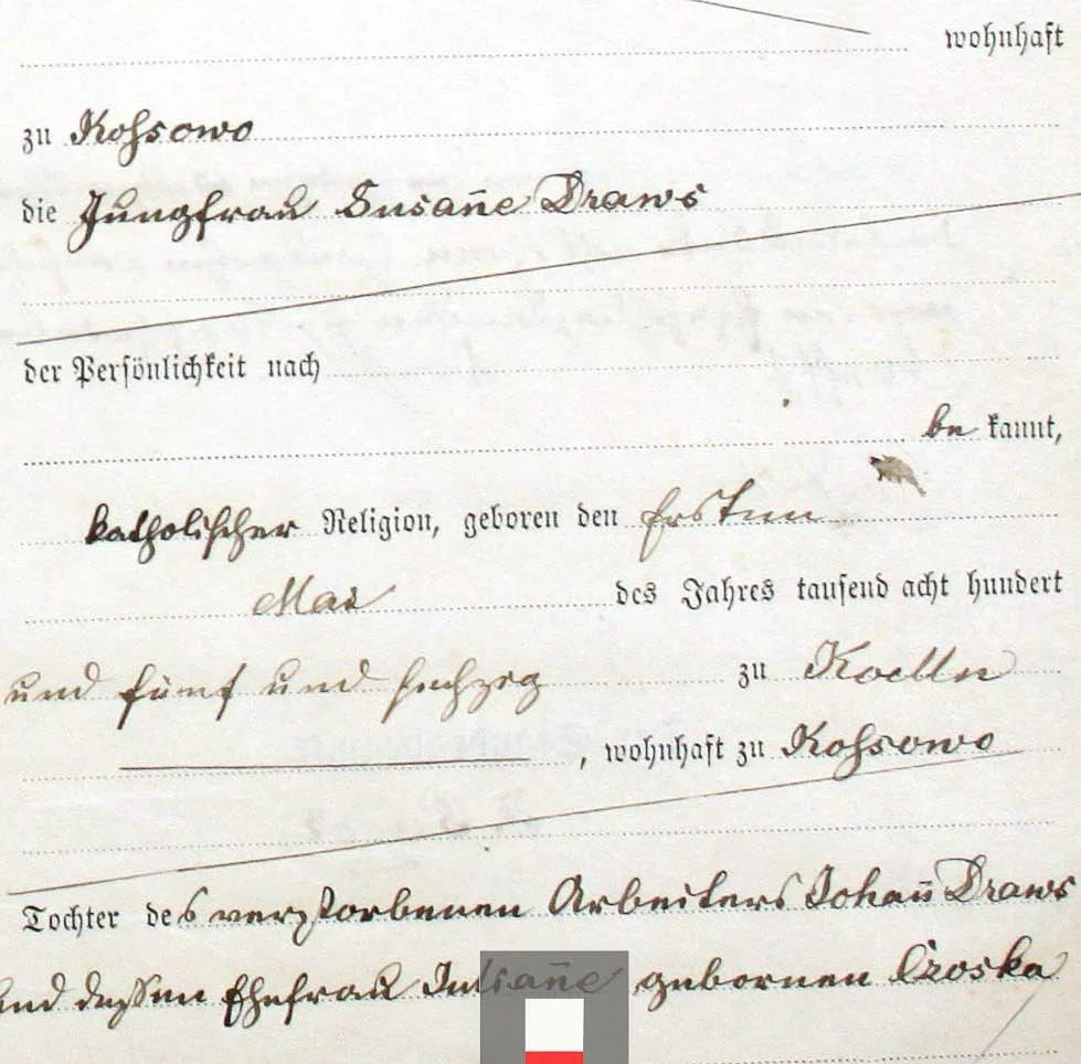 Akt małżeństwa, Urząd Stanu Cywilnego Seefeld (Przodkowo), 1891, nr 36 (Archiwum Państwowe w Gdańsku)