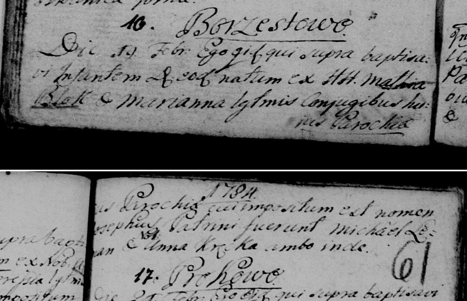 Akt chrztu Józefa Bloka, 1784