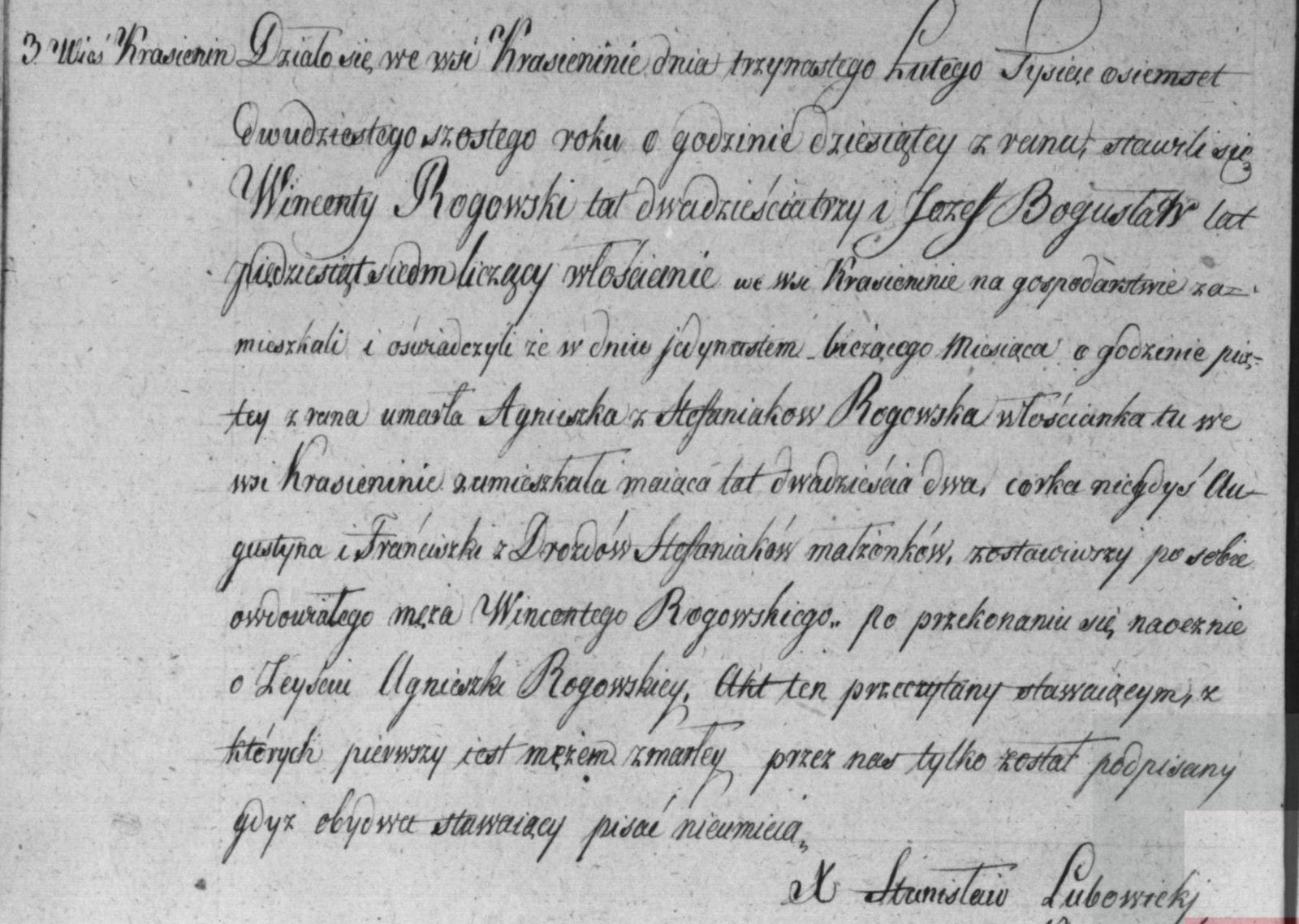 Akt zgonu Agnieszki ze Stefaniaków Rogowskiej, Krasienin 1826