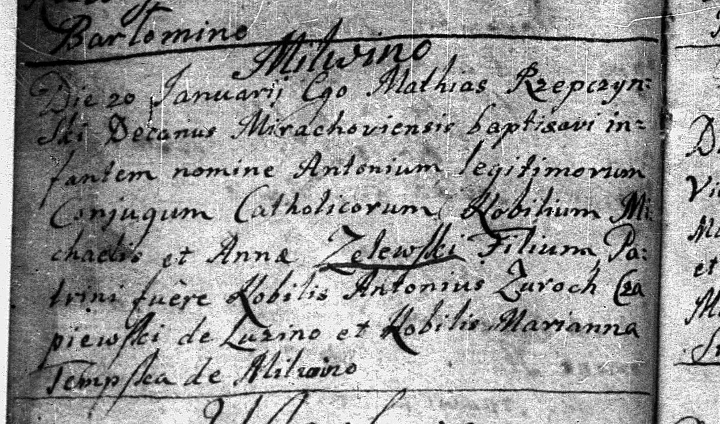 Wpis chrztu Antoniego von Żelewskiego, 1746