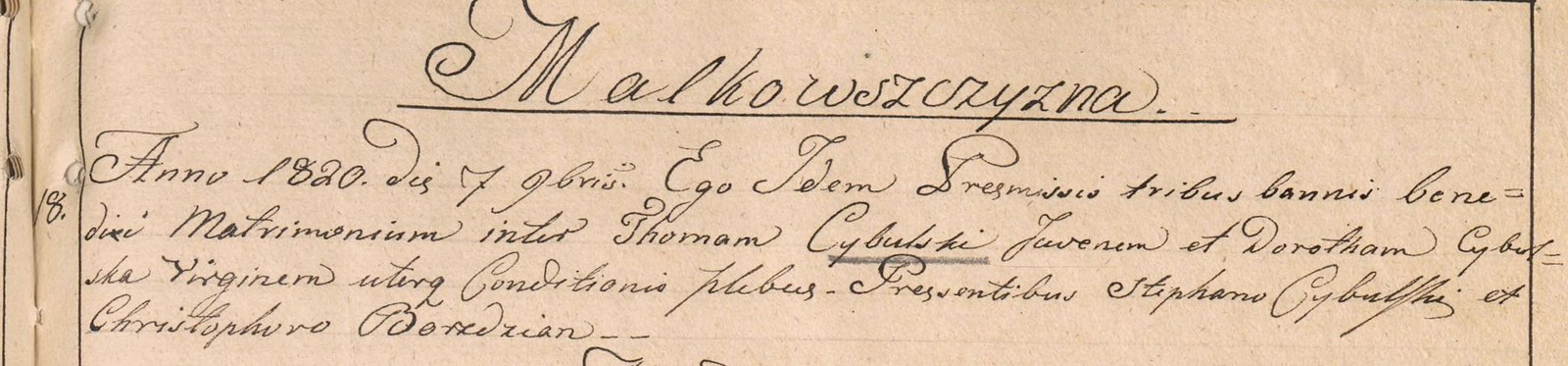 Ślub Tomasza Cybulskiego z Dorotą Cybulską, 7 listopada 1820 roku