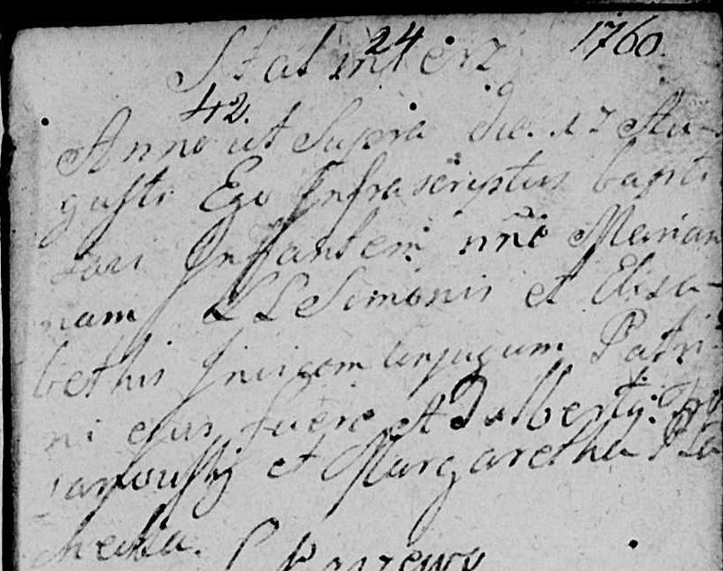 Wpis chrztu Marianny, córki Szymona i Elżbiety, 1760