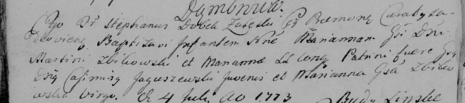 Wpis chrztu Marianny Żbikowskiej, 1773