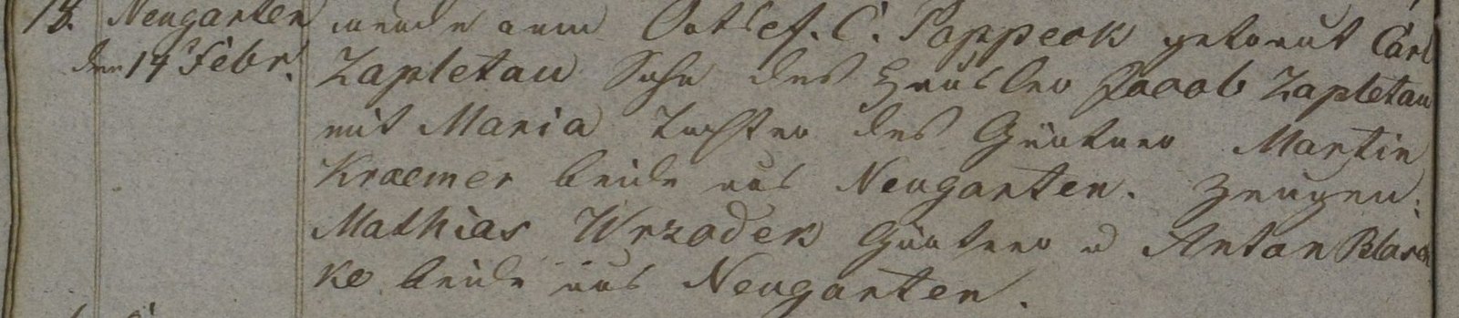 Wpis ślubu Karola Zapletala w drugim odpisie księgi, 1843 (fragment)