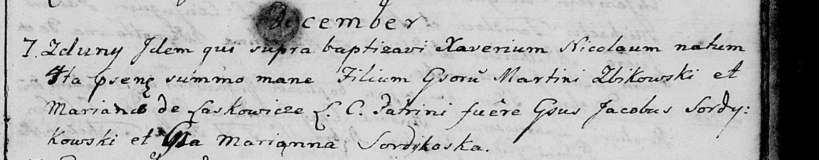 Wpis chrztu Ksawerego Mikołaja Żbikowskiego, 1775
